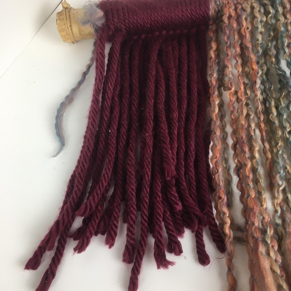 Boho Yarn Tapestry Bamboo Wall Hanging Blue Burgandy Rainbow Hand Crafted - Picture 7 of 9